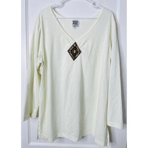 Vtg Spoiled Rotton USA Tunic Top 2X Beaded Brooch Accent Ivory V-Neck Women